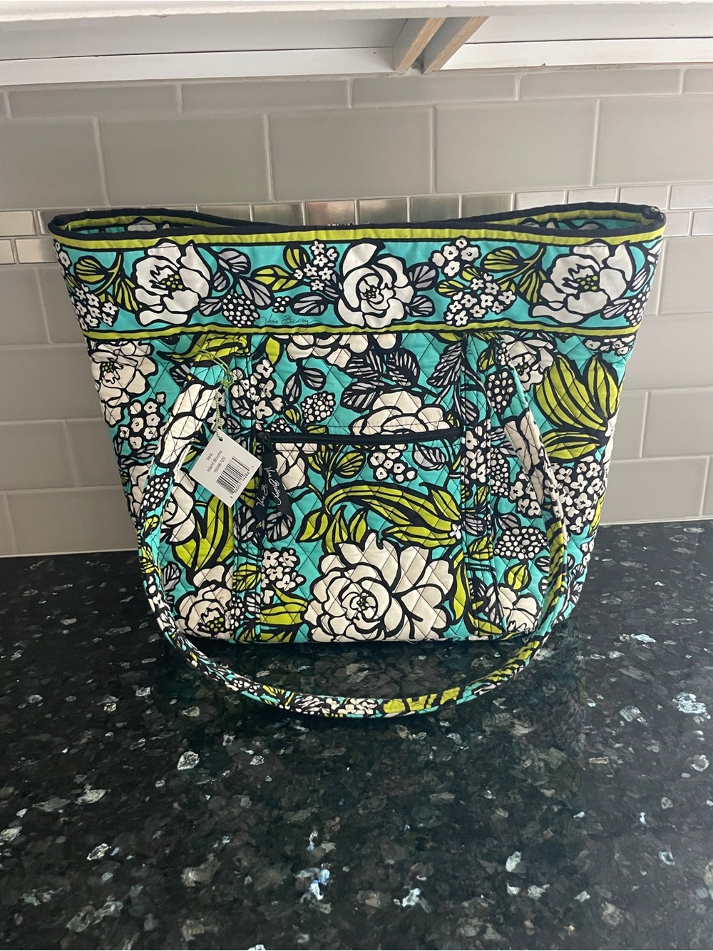 Vera Bradley Island Blooms Quilted Floral Tote Bag in Turquoise & Lime